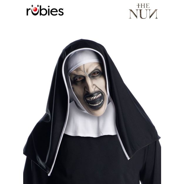 Adult The Nun mask with attached black headpiece showing painted demonic face details Adult The Nun mask with attached black headpiece showing painted demonic face details