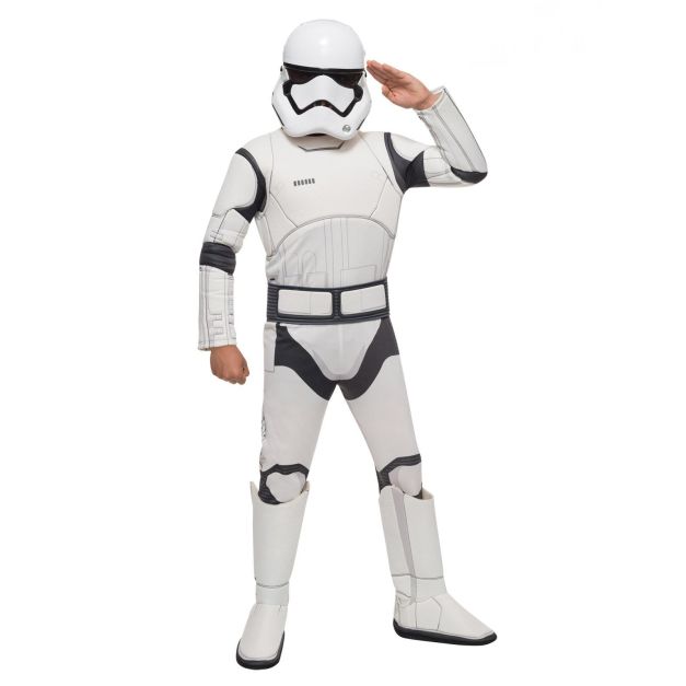 Child wearing white Star Wars First Order Stormtrooper costume with molded helmet and digitally printed armor jumpsuit Child wearing white Star Wars First Order Stormtrooper costume with molded helmet and digitally printed armor jumpsuit