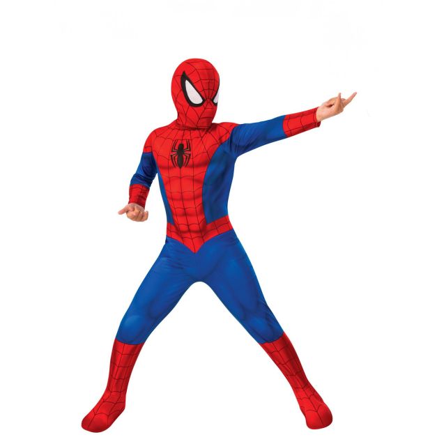 Kids Spider-Man costume full body jumpsuit with red blue webbing and attached hood Kids Spider-Man costume full body jumpsuit with red blue webbing and attached hood