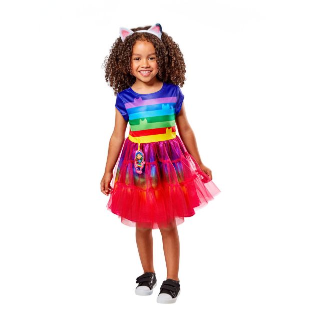 Girls Gabby's Dollhouse deluxe costume dress with rainbow striped bodice and layered tulle skirt Girls Gabby's Dollhouse deluxe costume dress with rainbow striped bodice and layered tulle skirt