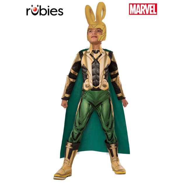 Kids Loki Deluxe costume with gold horned helmet and green cape - front view Kids Loki Deluxe costume with gold horned helmet and green cape - front view