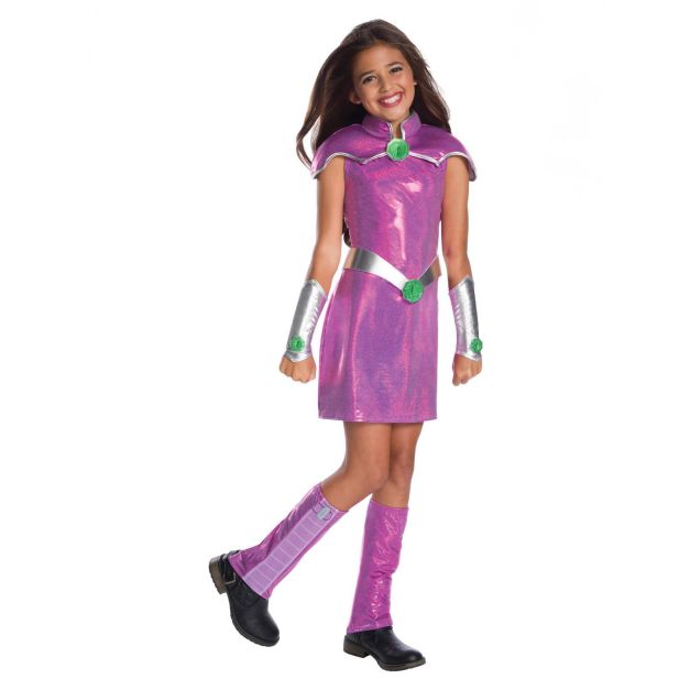 Girls Starfire costume dress with purple metallic fabric and silver belt Girls Starfire costume dress with purple metallic fabric and silver belt