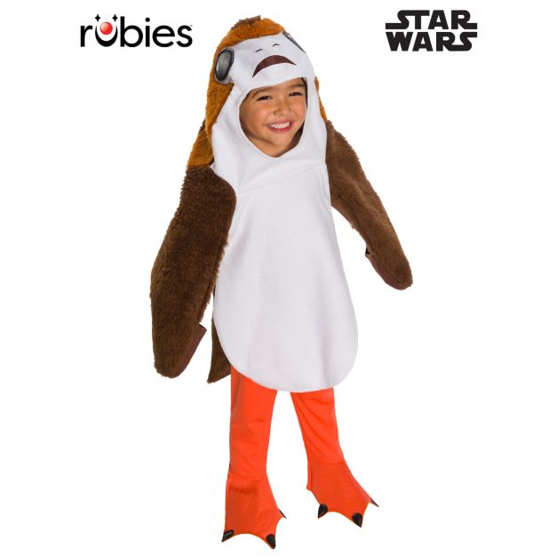Child wearing white and brown Porg costume with hooded tunic and printed face details Child wearing white and brown Porg costume with hooded tunic and printed face details