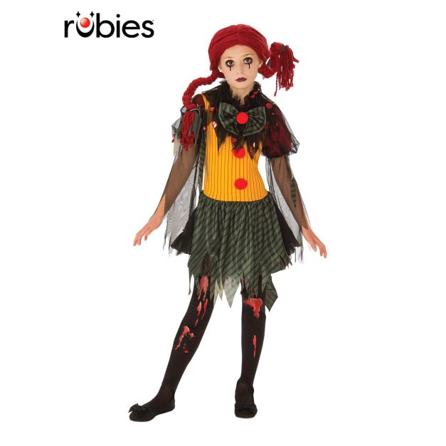 Girls zombie clown costume with striped dress, tulle sleeves and blood-splatter tights Girls zombie clown costume with striped dress, tulle sleeves and blood-splatter tights