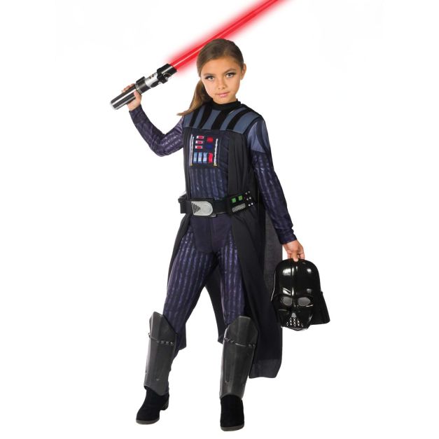 Child wearing Darth Vader costume with black cape and half mask Child wearing Darth Vader costume with black cape and half mask