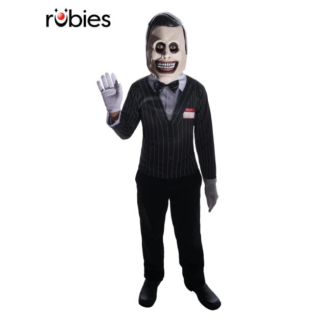 Kids horror salesman costume with pinstripe jacket, creepy mask and white gloves Kids horror salesman costume with pinstripe jacket, creepy mask and white gloves