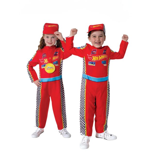 Kids Hot Wheels racing costume with red jumpsuit, checkered flags and cap Kids Hot Wheels racing costume with red jumpsuit, checkered flags and cap