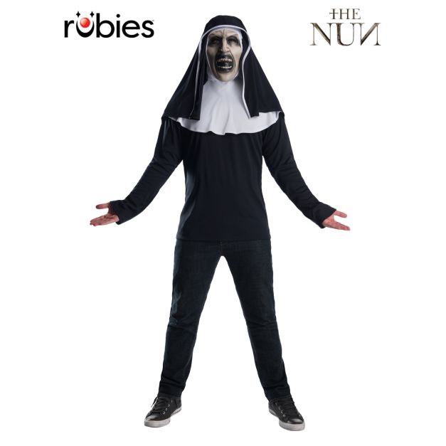 Adult The Nun costume with black habit top, white hood, and demonic vinyl face mask Adult The Nun costume with black habit top, white hood, and demonic vinyl face mask