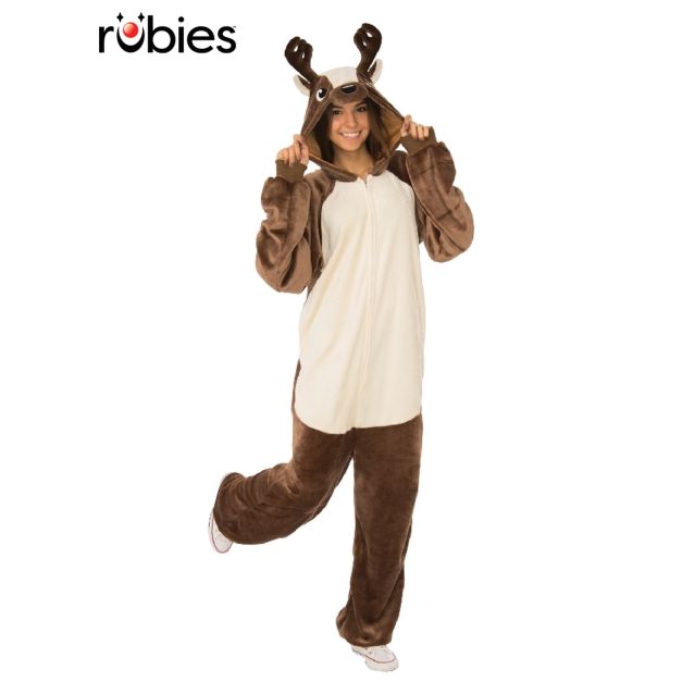 Adult brown reindeer onesie with attached hood, 3D antlers and fluffy white tail Adult brown reindeer onesie with attached hood, 3D antlers and fluffy white tail