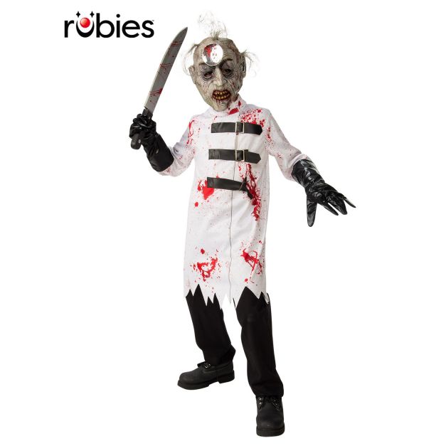 Child wearing white blood-splatter tunic with vinyl chest belts and latex surgeon mask Child wearing white blood-splatter tunic with vinyl chest belts and latex surgeon mask