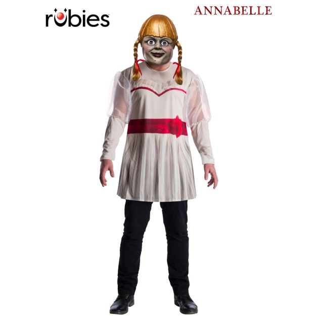 Adult mens Annabelle costume with white tunic dress and red sash detail Adult mens Annabelle costume with white tunic dress and red sash detail