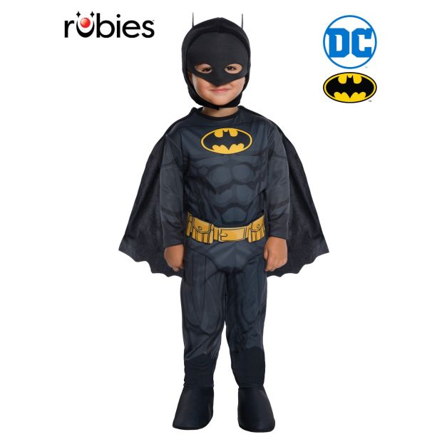 Toddler Batman costume with muscle jumpsuit, yellow logo and belt, black cape Toddler Batman costume with muscle jumpsuit, yellow logo and belt, black cape