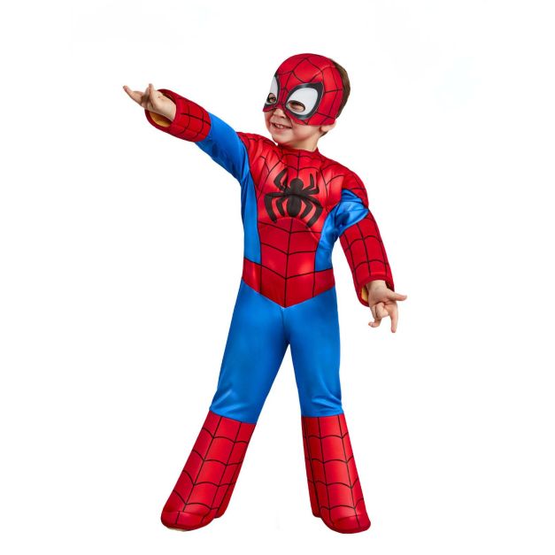 Kids Spider-Man Spidey deluxe padded jumpsuit costume with mask - front view showing red and blue web pattern Kids Spider-Man Spidey deluxe padded jumpsuit costume with mask - front view showing red and blue web pattern