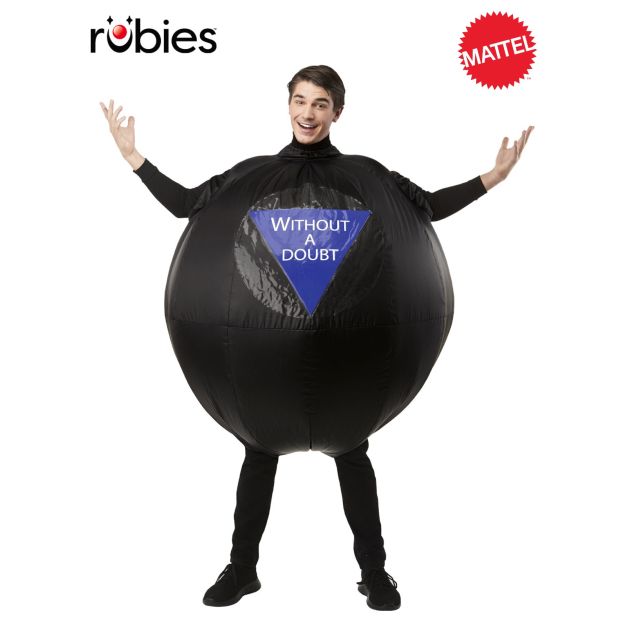 Adult wearing inflatable Magic 8-Ball costume with blue triangle panel reading WITHOUT A DOUBT on chest Adult wearing inflatable Magic 8-Ball costume with blue triangle panel reading WITHOUT A DOUBT on chest