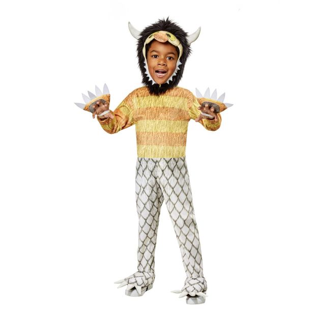 Toddler wearing Carol Wild Thing costume from Where The Wild Things Are with yellow striped jumpsuit and hooded headpiece Toddler wearing Carol Wild Thing costume from Where The Wild Things Are with yellow striped jumpsuit and hooded headpiece