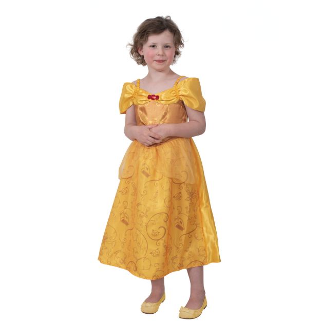 Girls Belle Disney Princess costume dress in golden yellow satin with off-shoulder sleeves and printed skirt Girls Belle Disney Princess costume dress in golden yellow satin with off-shoulder sleeves and printed skirt