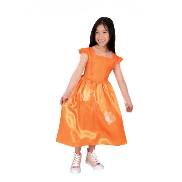 Kids Emma Memma costume dress in bright orange satin with butterfly print and mesh sleeves Kids Emma Memma costume dress in bright orange satin with butterfly print and mesh sleeves
