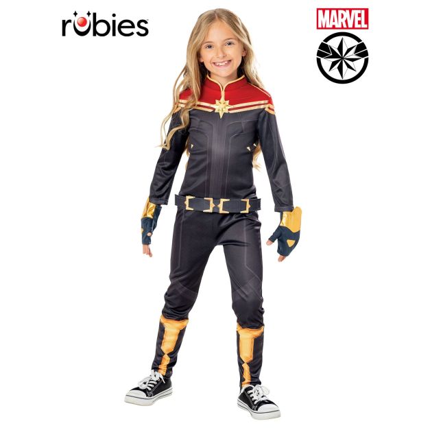 Girls Captain Marvel deluxe jumpsuit costume with red shoulders and gold star emblem Girls Captain Marvel deluxe jumpsuit costume with red shoulders and gold star emblem