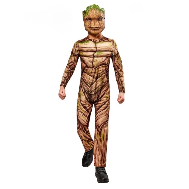 Kids Groot costume full body view with moulded tree mask and wood grain jumpsuit Kids Groot costume full body view with moulded tree mask and wood grain jumpsuit
