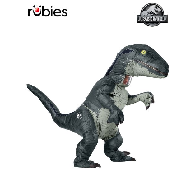 Adult Velociraptor Blue inflatable costume with metallic blue stripe and grey scale texture Adult Velociraptor Blue inflatable costume with metallic blue stripe and grey scale texture