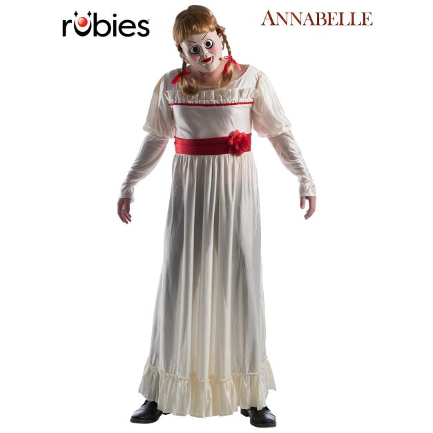 Adult Annabelle costume with cream Victorian dress, porcelain doll mask, and blonde braided wig Adult Annabelle costume with cream Victorian dress, porcelain doll mask, and blonde braided wig