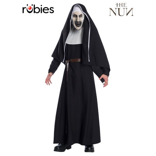 Adult The Nun costume with black habit, white collar and demonic vinyl mask - front view Adult The Nun costume with black habit, white collar and demonic vinyl mask - front view