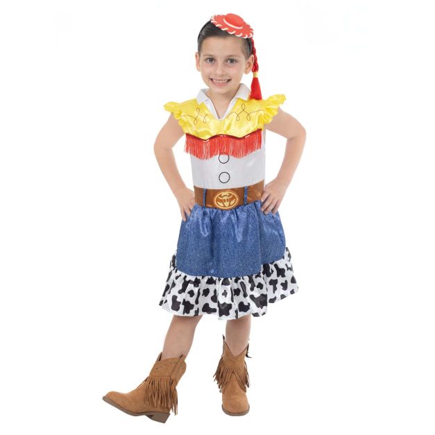 Girls Jessie Toy Story costume dress with tutu skirt, yellow sleeves, cow-print hem and cowgirl hat headband Girls Jessie Toy Story costume dress with tutu skirt, yellow sleeves, cow-print hem and cowgirl hat headband
