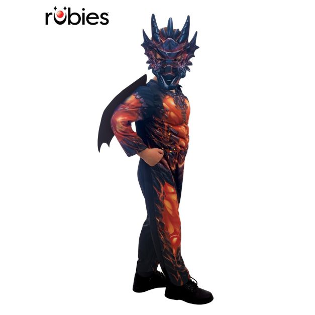 Kids dragon costume with orange and black digital print scales and muscular jumpsuit design Kids dragon costume with orange and black digital print scales and muscular jumpsuit design