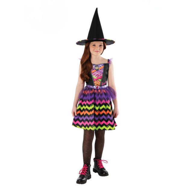 Girls Barbie Witch Costume with rainbow sequin bodice and chevron-striped skirt Girls Barbie Witch Costume with rainbow sequin bodice and chevron-striped skirt