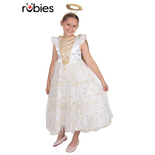 Girls Christmas angel costume dress with shimmery tulle overlay and gold star print Girls Christmas angel costume dress with shimmery tulle overlay and gold star print