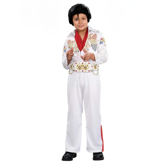 Kids Elvis Presley costume with white jeweled jumpsuit and red scarf Kids Elvis Presley costume with white jeweled jumpsuit and red scarf