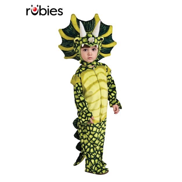 Kids triceratops dinosaur costume full body plush yellow-green jumpsuit with 3D neck frill and three white horns Kids triceratops dinosaur costume full body plush yellow-green jumpsuit with 3D neck frill and three white horns
