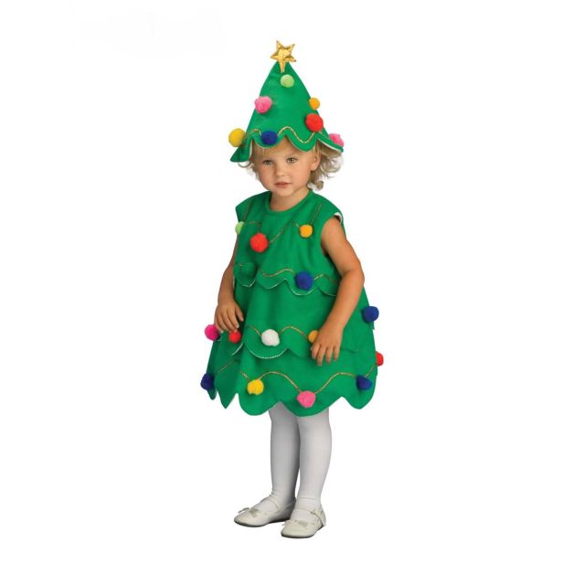 Child wearing green felt Christmas tree costume dress with colorful pom-pom ornaments and matching conical hat Child wearing green felt Christmas tree costume dress with colorful pom-pom ornaments and matching conical hat