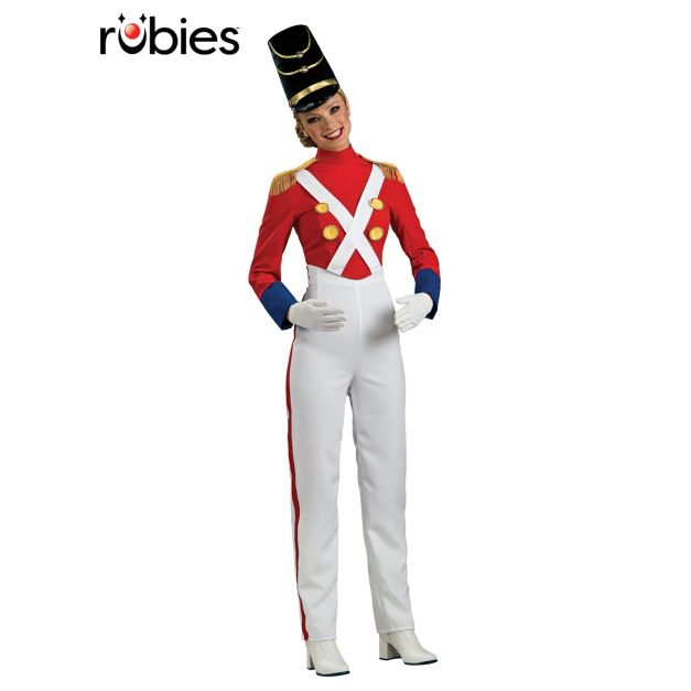 Women's red and white toy soldier costume with gold fringe epaulettes and tall black shako hat Women's red and white toy soldier costume with gold fringe epaulettes and tall black shako hat