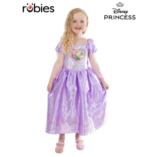 Girls Disney Rapunzel costume dress with lavender satin bodice and heart appliqué Girls Disney Rapunzel costume dress with lavender satin bodice and heart appliqué
