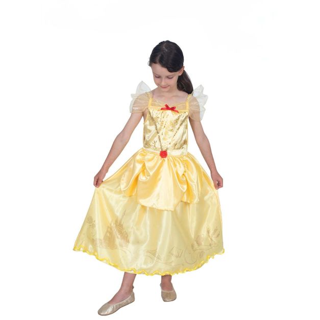 Girls Disney Belle deluxe ball gown costume in golden yellow satin with tulle ruffles Girls Disney Belle deluxe ball gown costume in golden yellow satin with tulle ruffles
