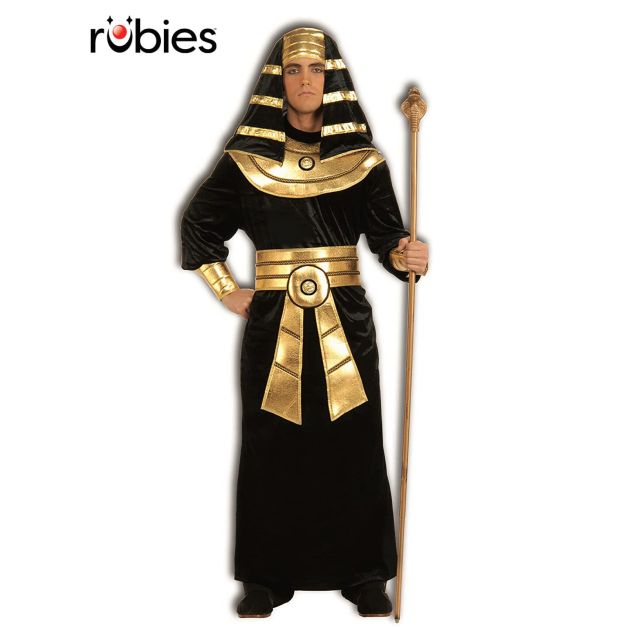 Adult Egyptian Pharaoh costume with black robe and gold collar - front view Adult Egyptian Pharaoh costume with black robe and gold collar - front view
