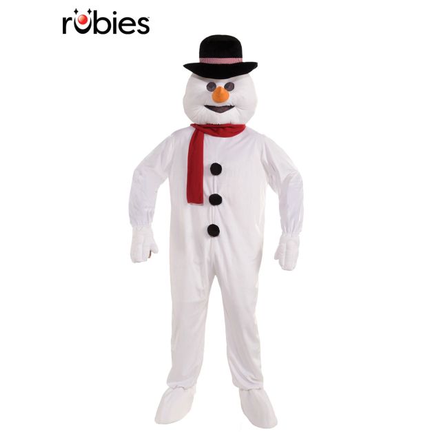 Adult snowman mascot costume with oversized head and red scarf Adult snowman mascot costume with oversized head and red scarf