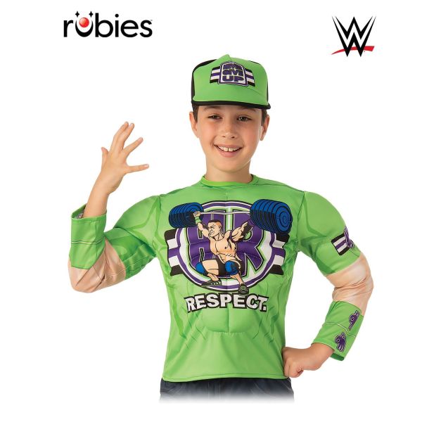 Kids John Cena WWE muscle chest costume with green padded top and Never Give Up cap Kids John Cena WWE muscle chest costume with green padded top and Never Give Up cap