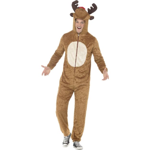 Adult Christmas reindeer onesie costume with 3D hood, felt antlers and red nose Adult Christmas reindeer onesie costume with 3D hood, felt antlers and red nose