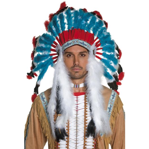 Turquoise and red feathered headdress with radiating crown and beaded headband Turquoise and red feathered headdress with radiating crown and beaded headband