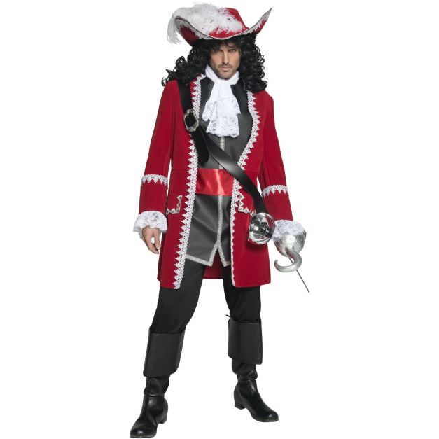 Men's deluxe pirate captain costume with red velvet frock coat and white lace trim Men's deluxe pirate captain costume with red velvet frock coat and white lace trim