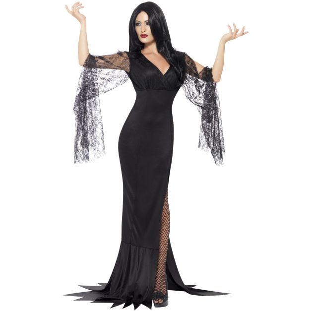 Adult women's long black gothic vampire dress with dramatic trumpet lace sleeves and side split Adult women's long black gothic vampire dress with dramatic trumpet lace sleeves and side split
