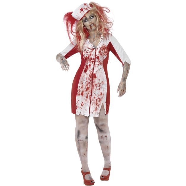 Plus size zombie nurse costume with red and white color-blocked dress and blood splatter overlay Plus size zombie nurse costume with red and white color-blocked dress and blood splatter overlay