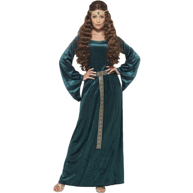 Womens emerald green medieval princess gown with trumpet sleeves and gold trim Womens emerald green medieval princess gown with trumpet sleeves and gold trim