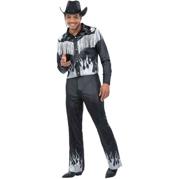 Adult mens glamorous cowboy costume with black shirt, silver flame print and white fringe trim Adult mens glamorous cowboy costume with black shirt, silver flame print and white fringe trim