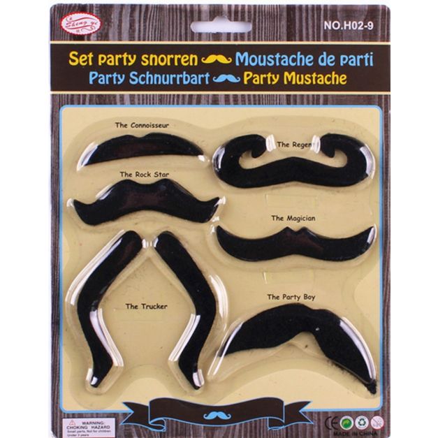 Six character moustaches including handlebar, chevron, fu manchu, and drooping styles Six character moustaches including handlebar, chevron, fu manchu, and drooping styles