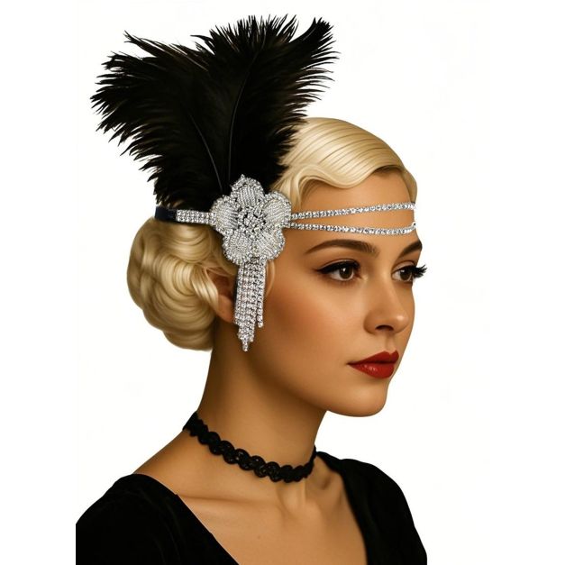 1920s flapper headband with black ostrich feather and rhinestone centerpiece on white background