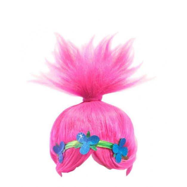 Kids pink troll wig with tall vertical spike and flower crown Kids pink troll wig with tall vertical spike and flower crown