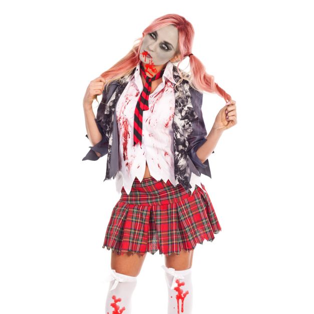 Adult zombie schoolgirl costume with grey distressed blazer and blood-splatter shirt Adult zombie schoolgirl costume with grey distressed blazer and blood-splatter shirt